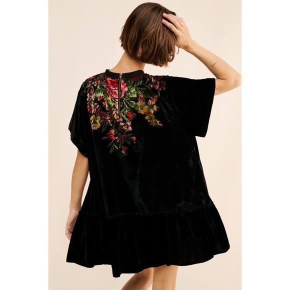 Free People Sweet Echoes Black Floral Velvet Burnout Dress Womens Large Boho - Picture 4 of 9